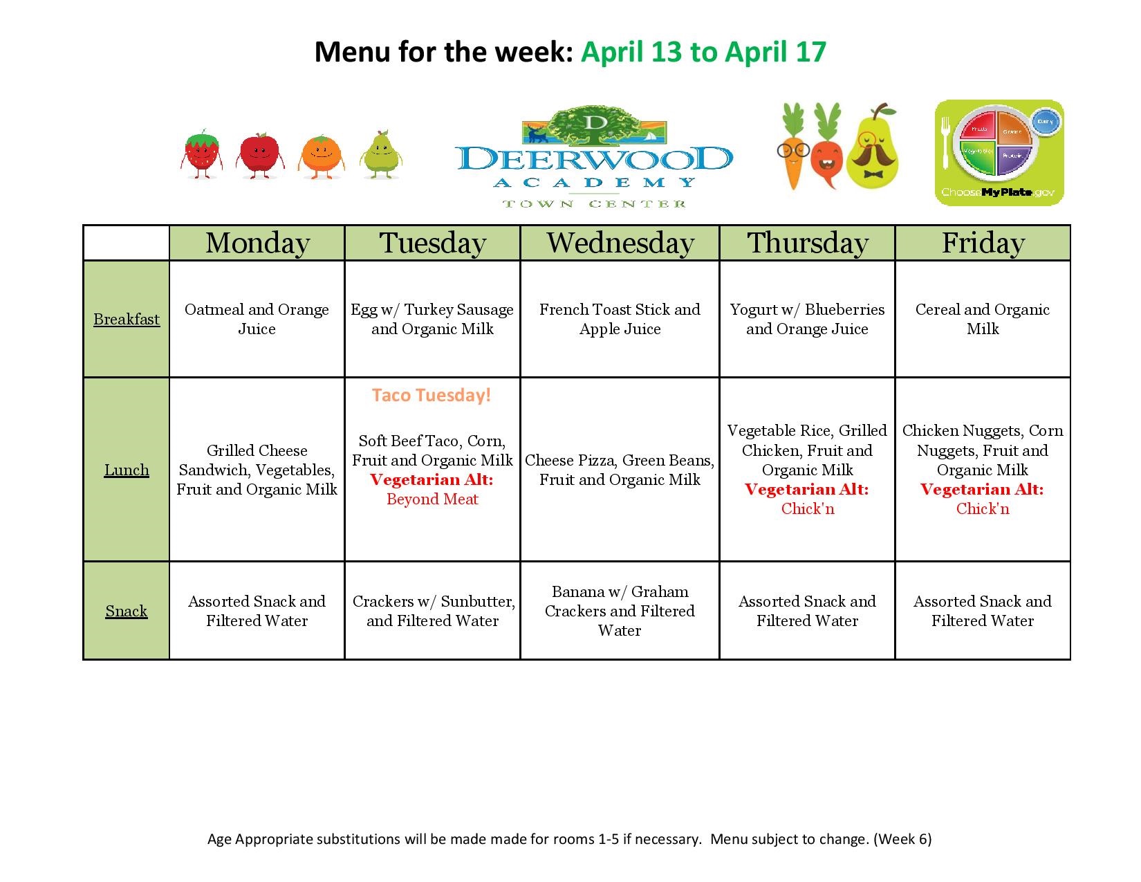 Calendar Lunch Menu Deerwood Academy