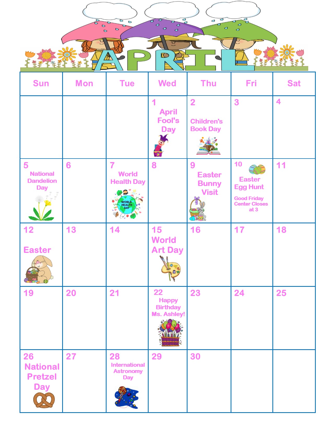 April calendar 2020 Deerwood Academy