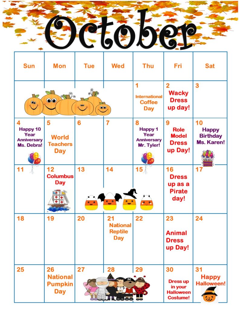 October Calendar 2020 Deerwood Academy