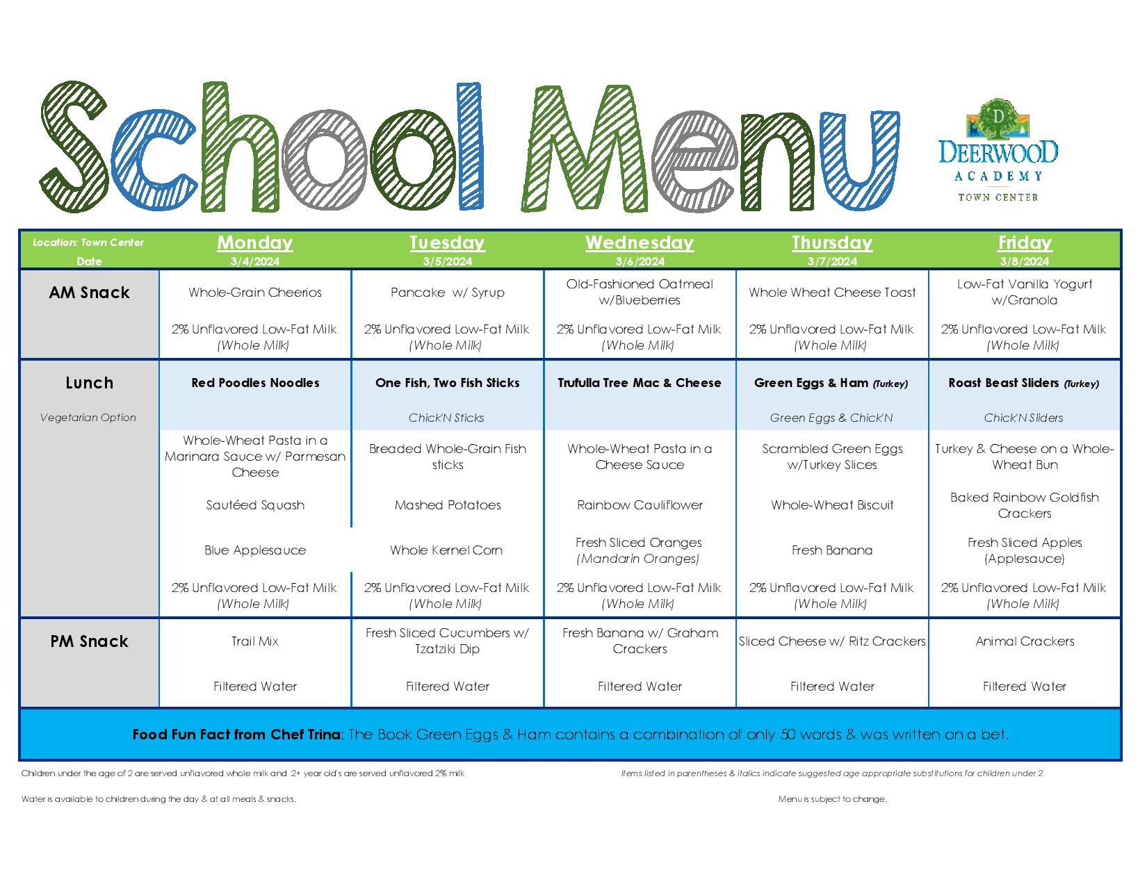 Calendar & Lunch Menu – Deerwood Academy